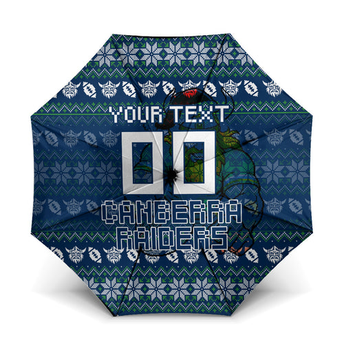 Personalized Canberra Raiders Christmas Umbrella Australian Rugby Fans - Pixelated Ugly Xmas Pattern Mascot Santa