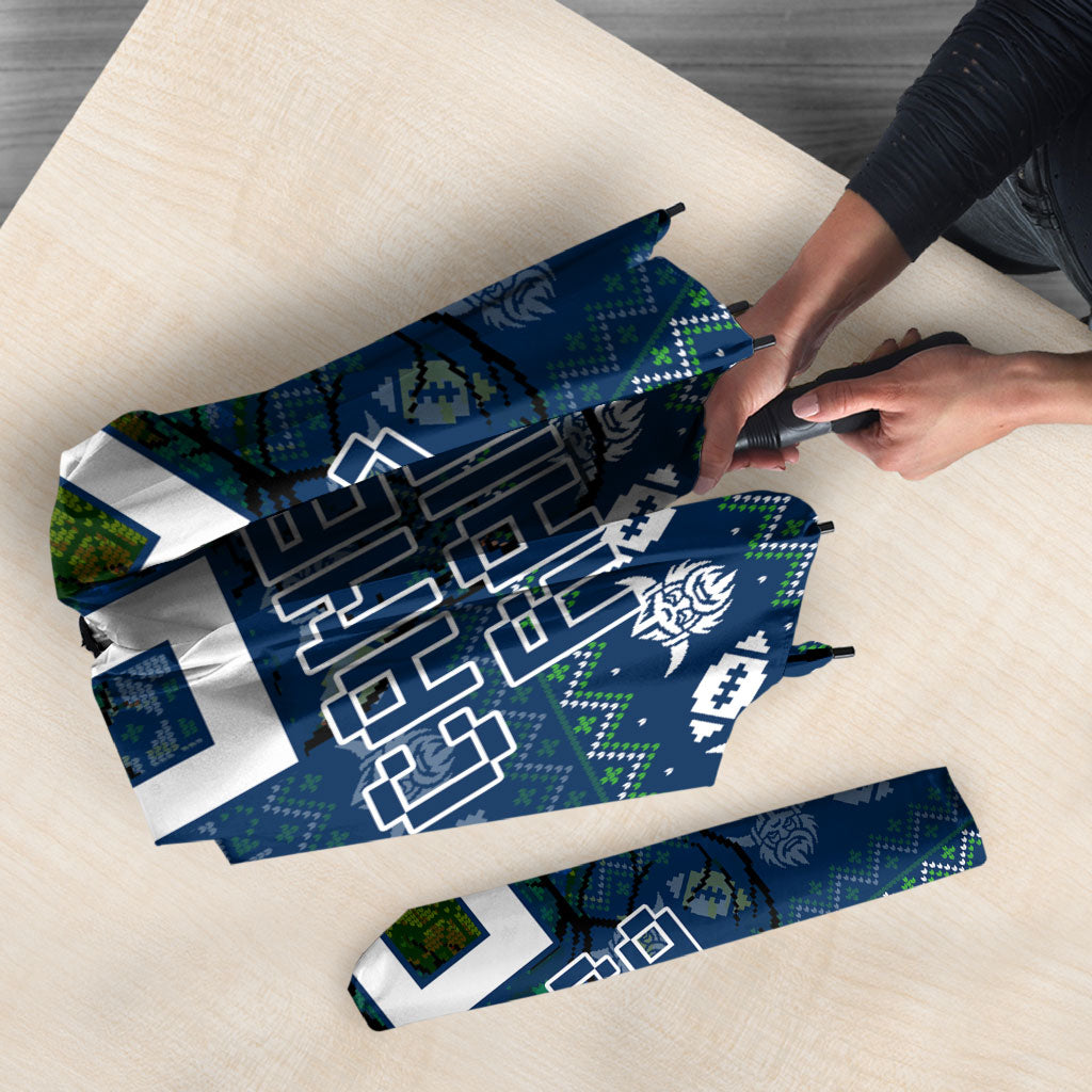 Personalized Canberra Raiders Christmas Umbrella Australian Rugby Fans - Pixelated Ugly Xmas Pattern Mascot Santa