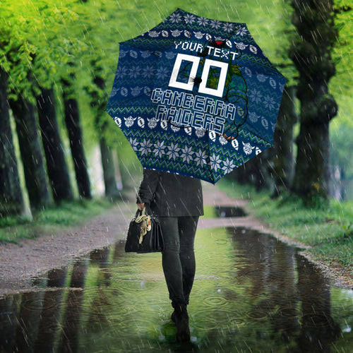 Personalized Canberra Raiders Christmas Umbrella Australian Rugby Fans - Pixelated Ugly Xmas Pattern Mascot Santa