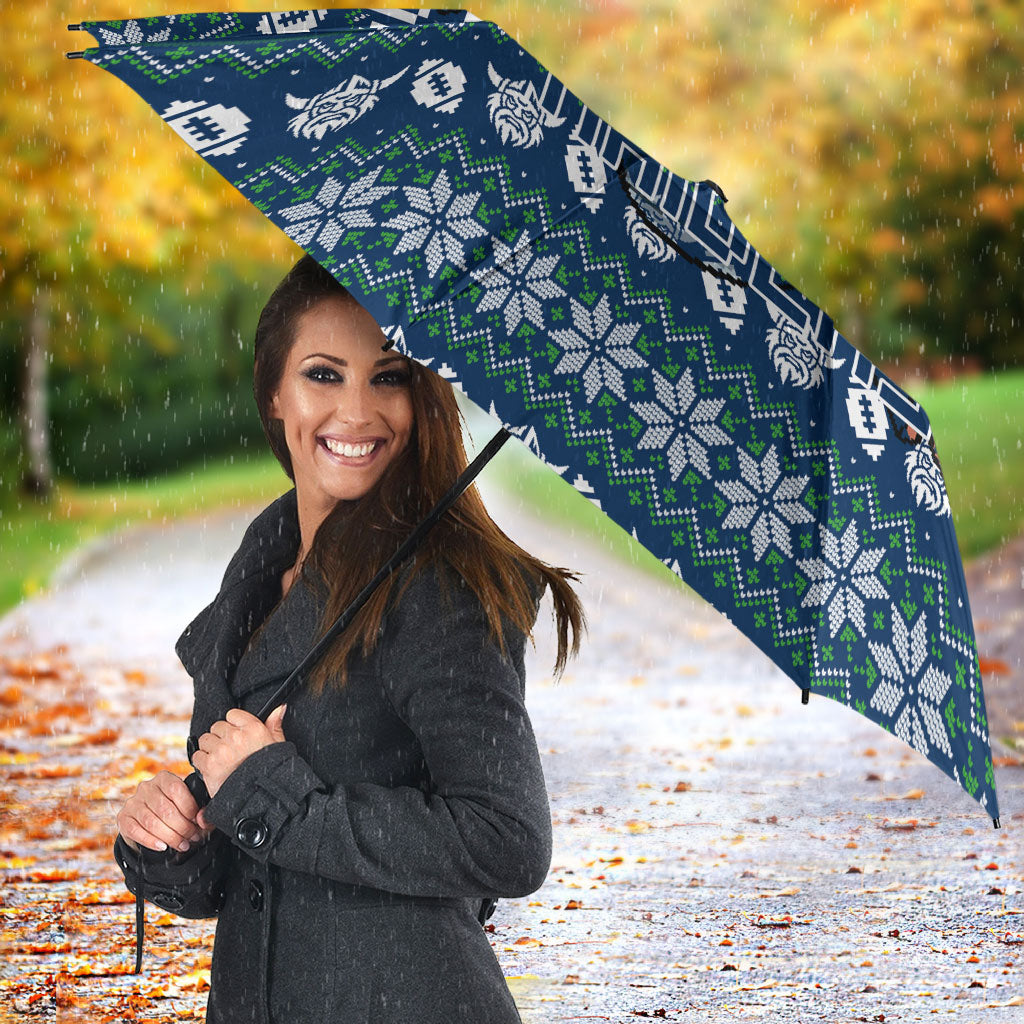 Personalized Canberra Raiders Christmas Umbrella Australian Rugby Fans - Pixelated Ugly Xmas Pattern Mascot Santa