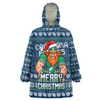Personalized Canberra Raiders Christmas Wearable Blanket Hoodie Australian Rugby Fans - Pixelated Ugly Xmas Pattern Mascot Santa