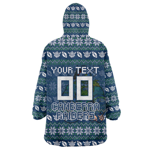 Personalized Canberra Raiders Christmas Wearable Blanket Hoodie Australian Rugby Fans - Pixelated Ugly Xmas Pattern Mascot Santa