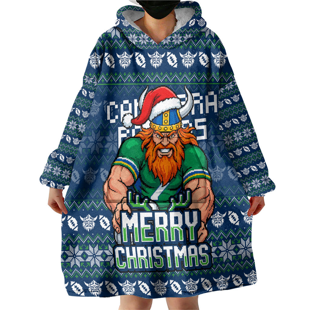 Personalized Canberra Raiders Christmas Wearable Blanket Hoodie Australian Rugby Fans - Pixelated Ugly Xmas Pattern Mascot Santa