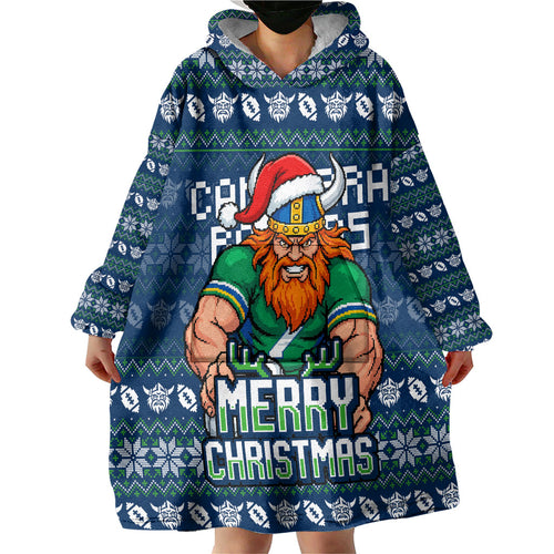 Personalized Canberra Raiders Christmas Wearable Blanket Hoodie Australian Rugby Fans - Pixelated Ugly Xmas Pattern Mascot Santa
