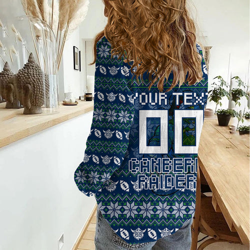 Personalized Canberra Raiders Christmas Women Casual Shirt Australian Rugby Fans - Pixelated Ugly Xmas Pattern Mascot Santa