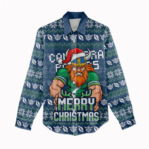Personalized Canberra Raiders Christmas Women Casual Shirt Australian Rugby Fans - Pixelated Ugly Xmas Pattern Mascot Santa