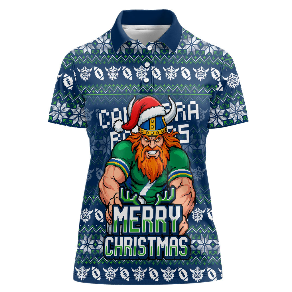 Personalized Canberra Raiders Christmas Women Polo Shirt Australian Rugby Fans - Pixelated Ugly Xmas Pattern Mascot Santa