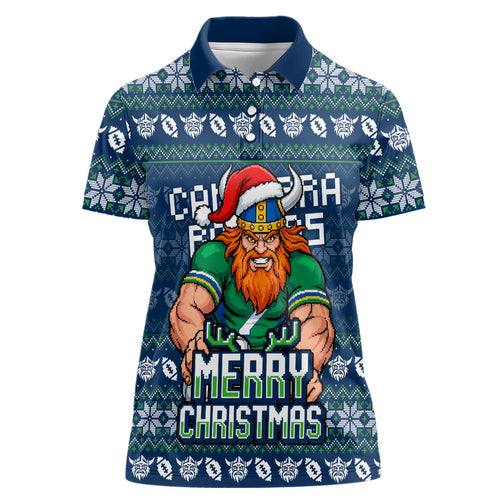 Personalized Canberra Raiders Christmas Women Polo Shirt Australian Rugby Fans - Pixelated Ugly Xmas Pattern Mascot Santa