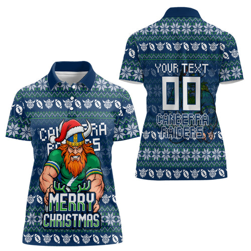 Personalized Canberra Raiders Christmas Women Polo Shirt Australian Rugby Fans - Pixelated Ugly Xmas Pattern Mascot Santa