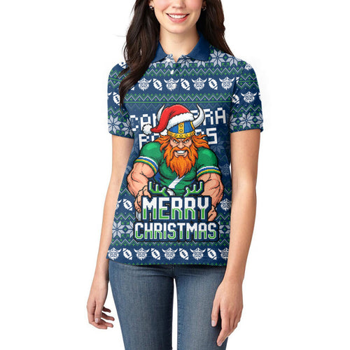 Personalized Canberra Raiders Christmas Women Polo Shirt Australian Rugby Fans - Pixelated Ugly Xmas Pattern Mascot Santa