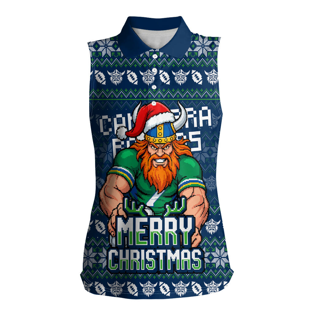 Personalized Canberra Raiders Christmas Women Sleeveless Polo Shirt Australian Rugby Fans - Pixelated Ugly Xmas Pattern Mascot Santa
