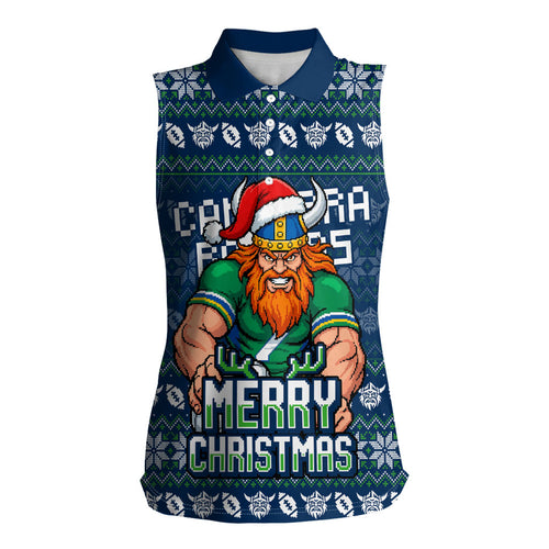 Personalized Canberra Raiders Christmas Women Sleeveless Polo Shirt Australian Rugby Fans - Pixelated Ugly Xmas Pattern Mascot Santa