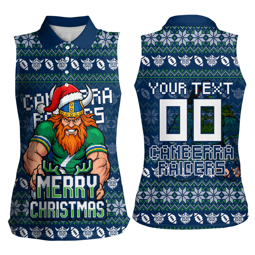 Personalized Canberra Raiders Christmas Women Sleeveless Polo Shirt Australian Rugby Fans - Pixelated Ugly Xmas Pattern Mascot Santa