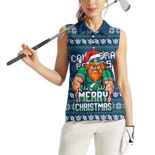 Personalized Canberra Raiders Christmas Women Sleeveless Polo Shirt Australian Rugby Fans - Pixelated Ugly Xmas Pattern Mascot Santa