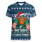 Personalized Canberra Raiders Christmas Women V-Neck T-Shirt Australian Rugby Fans - Pixelated Ugly Xmas Pattern Mascot Santa