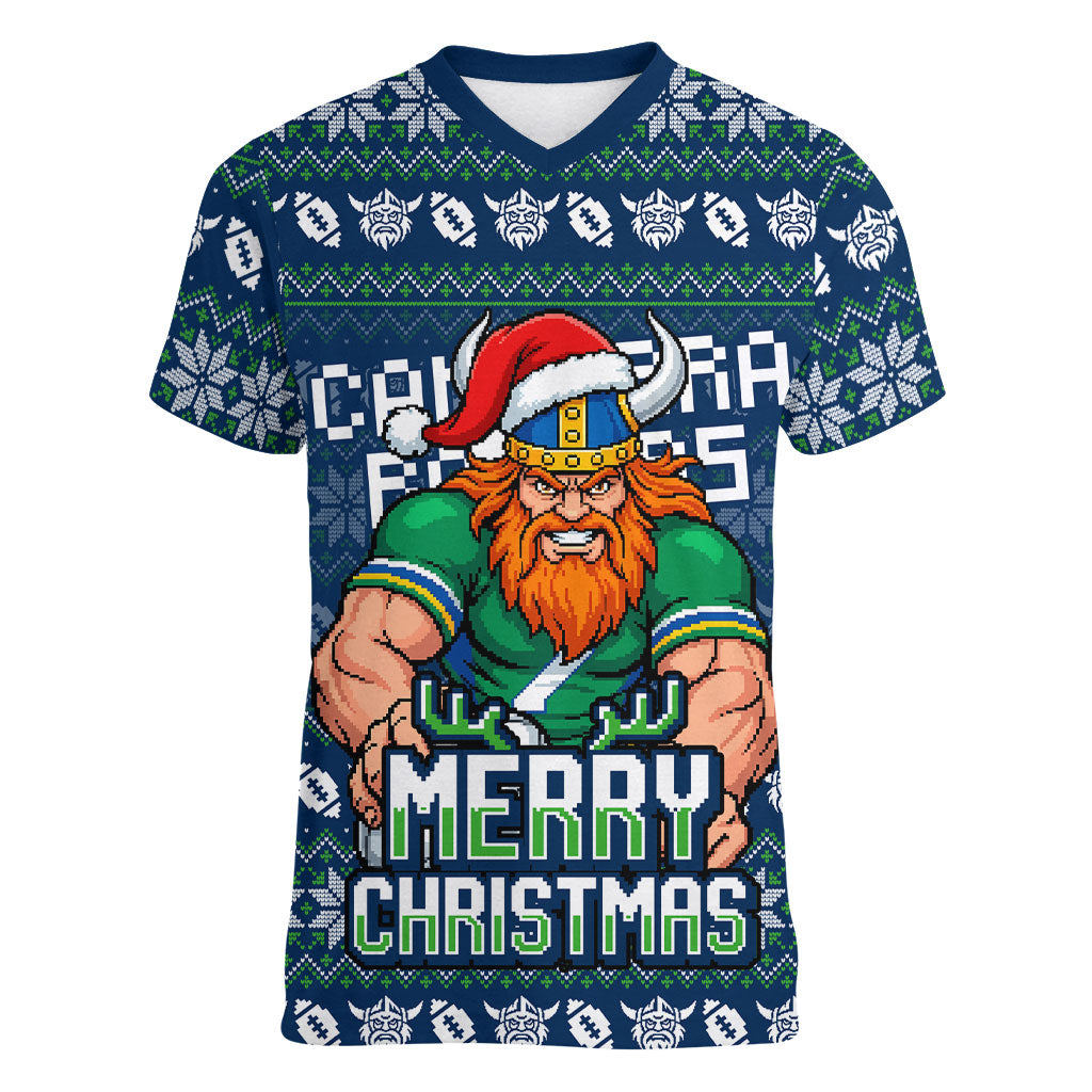 Personalized Canberra Raiders Christmas Women V-Neck T-Shirt Australian Rugby Fans - Pixelated Ugly Xmas Pattern Mascot Santa