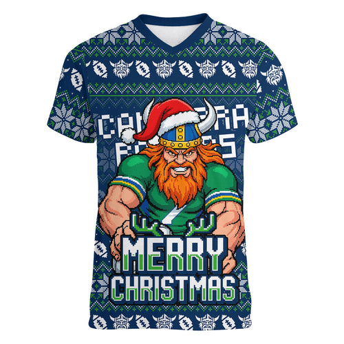Personalized Canberra Raiders Christmas Women V-Neck T-Shirt Australian Rugby Fans - Pixelated Ugly Xmas Pattern Mascot Santa