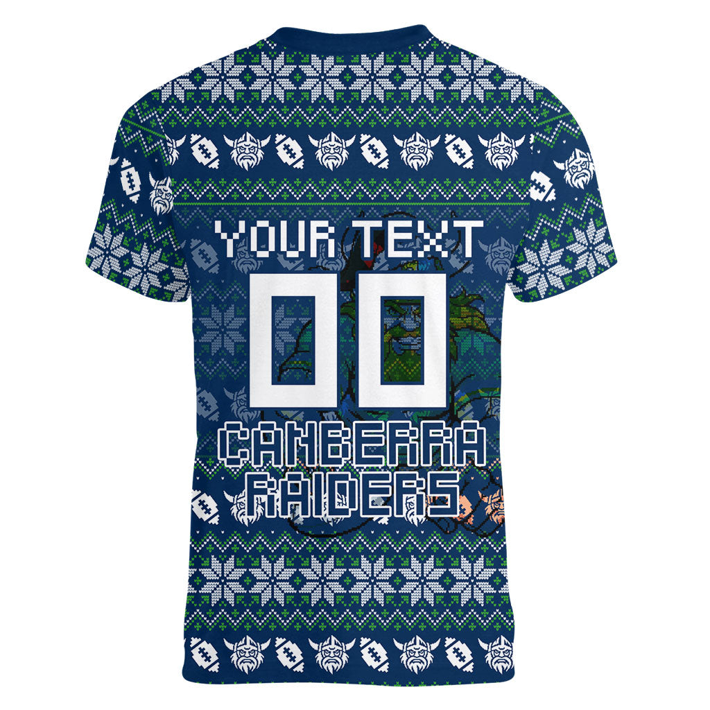 Personalized Canberra Raiders Christmas Women V-Neck T-Shirt Australian Rugby Fans - Pixelated Ugly Xmas Pattern Mascot Santa