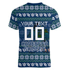Personalized Canberra Raiders Christmas Women V-Neck T-Shirt Australian Rugby Fans - Pixelated Ugly Xmas Pattern Mascot Santa
