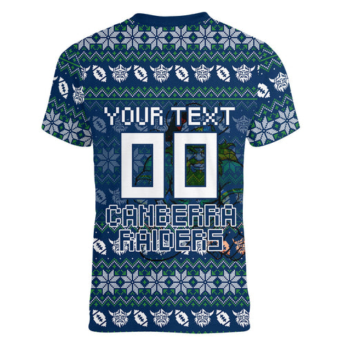Personalized Canberra Raiders Christmas Women V-Neck T-Shirt Australian Rugby Fans - Pixelated Ugly Xmas Pattern Mascot Santa