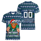 Personalized Canberra Raiders Christmas Women V-Neck T-Shirt Australian Rugby Fans - Pixelated Ugly Xmas Pattern Mascot Santa
