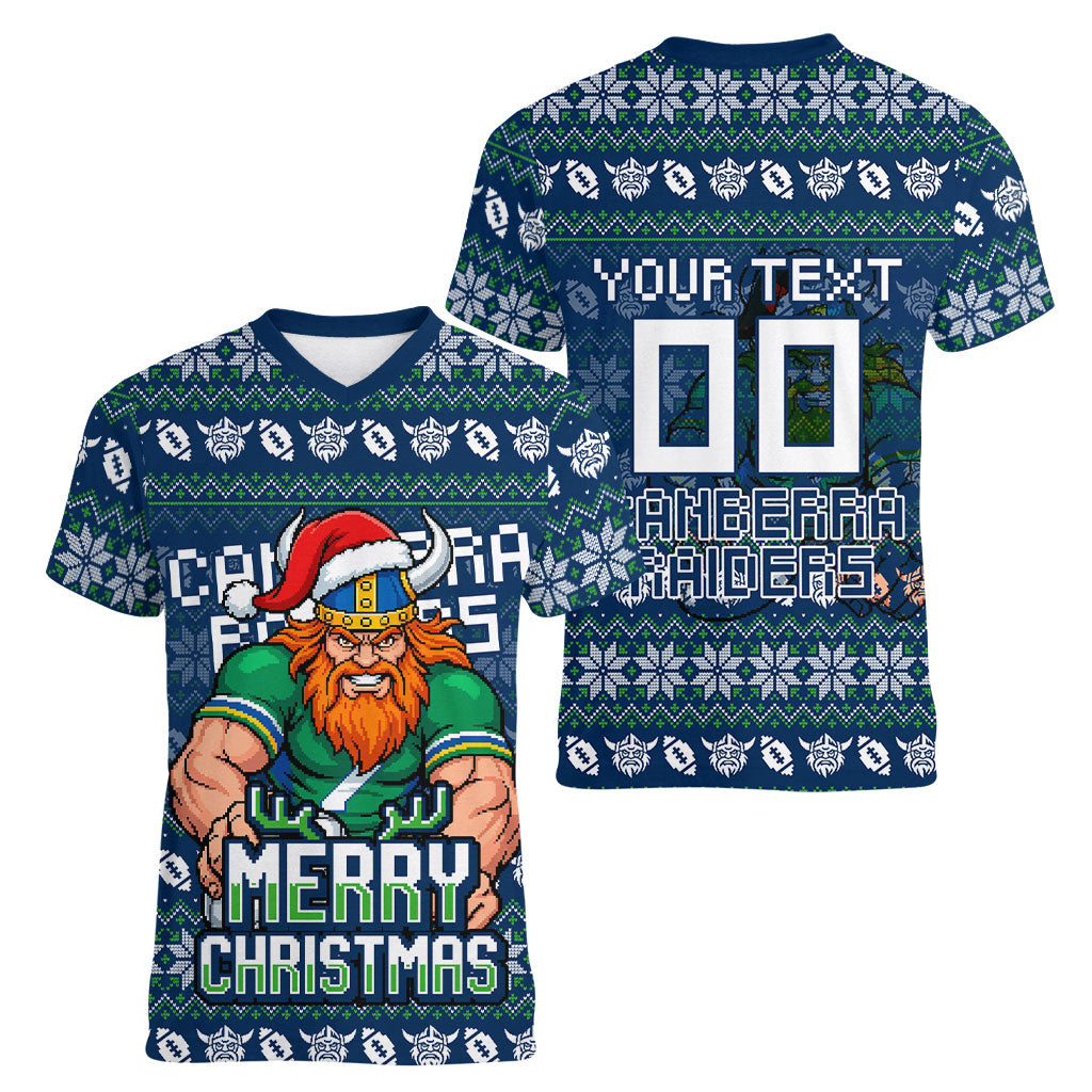 Personalized Canberra Raiders Christmas Women V-Neck T-Shirt Australian Rugby Fans - Pixelated Ugly Xmas Pattern Mascot Santa