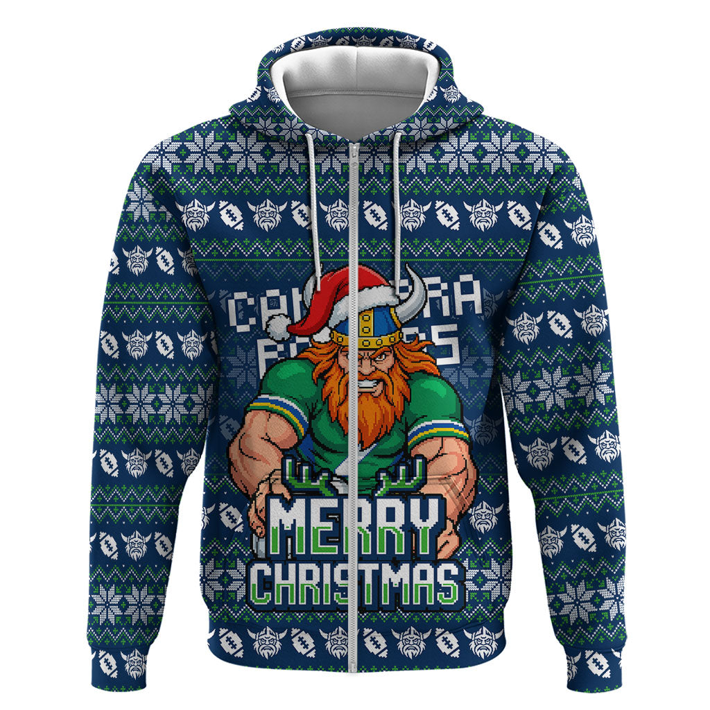 Personalized Canberra Raiders Christmas Zip Hoodie Australian Rugby Fans - Pixelated Ugly Xmas Pattern Mascot Santa