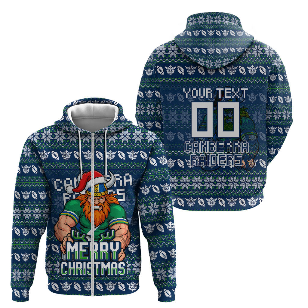 Personalized Canberra Raiders Christmas Zip Hoodie Australian Rugby Fans - Pixelated Ugly Xmas Pattern Mascot Santa
