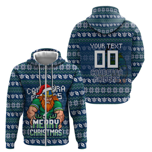 Personalized Canberra Raiders Christmas Zip Hoodie Australian Rugby Fans - Pixelated Ugly Xmas Pattern Mascot Santa
