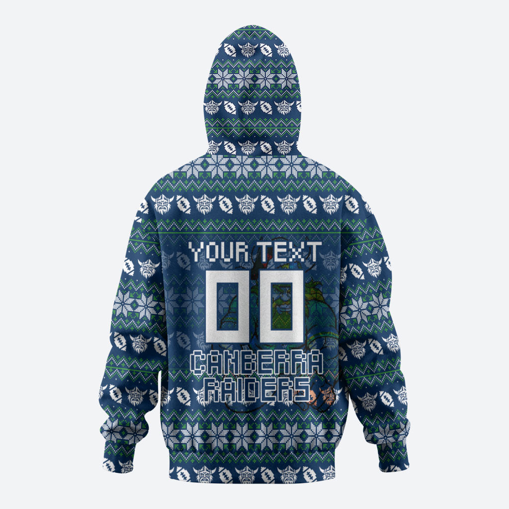Personalized Canberra Raiders Christmas Zip Hoodie Australian Rugby Fans - Pixelated Ugly Xmas Pattern Mascot Santa