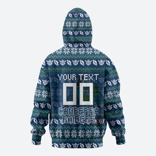 Personalized Canberra Raiders Christmas Zip Hoodie Australian Rugby Fans - Pixelated Ugly Xmas Pattern Mascot Santa