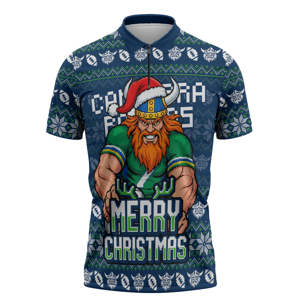 Personalized Canberra Raiders Christmas Zipper Polo Shirt Australian Rugby Fans - Pixelated Ugly Xmas Pattern Mascot Santa
