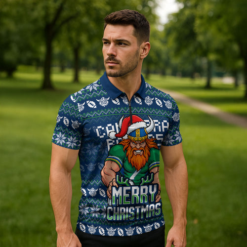 Personalized Canberra Raiders Christmas Zipper Polo Shirt Australian Rugby Fans - Pixelated Ugly Xmas Pattern Mascot Santa
