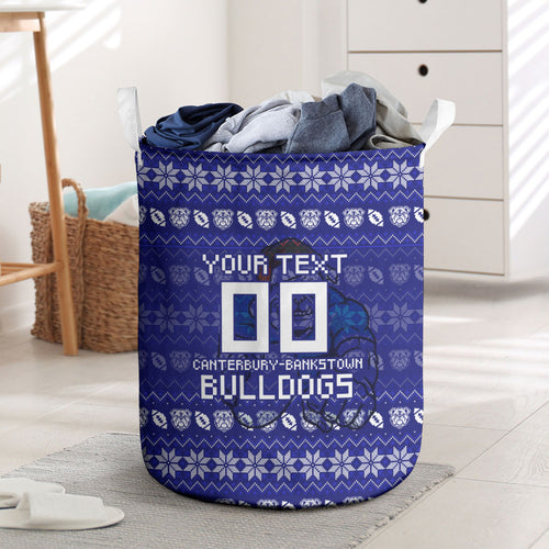 Personalized Canterbury Bulldogs Christmas Laundry Basket Australian Rugby Fans - Pixelated Ugly Xmas Pattern Mascot Santa