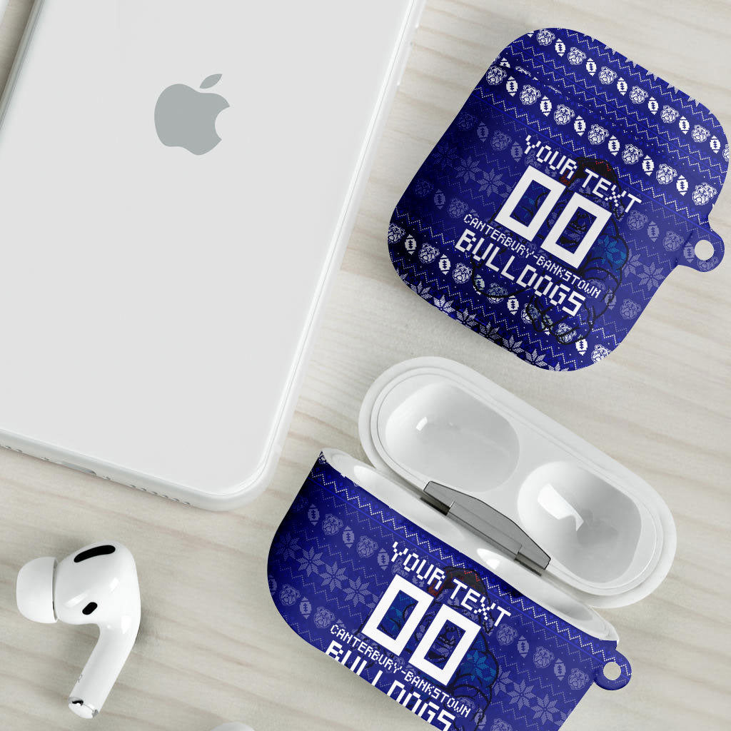 Personalized Canterbury Bulldogs Christmas AirPods Case Australian Rugby Fans - Pixelated Ugly Xmas Pattern Mascot Santa