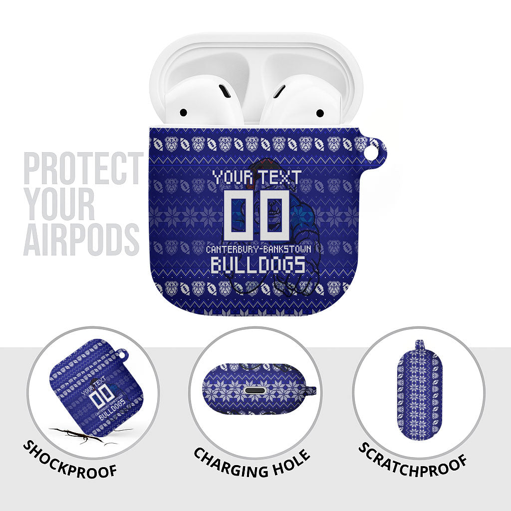 Personalized Canterbury Bulldogs Christmas AirPods Case Australian Rugby Fans - Pixelated Ugly Xmas Pattern Mascot Santa