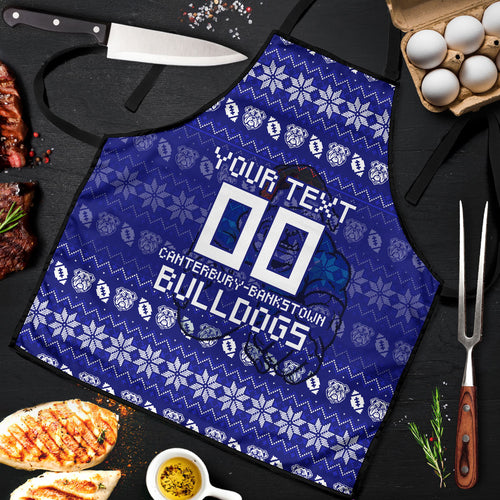 Personalized Canterbury Bulldogs Christmas Apron Australian Rugby Fans - Pixelated Ugly Xmas Pattern Mascot Santa