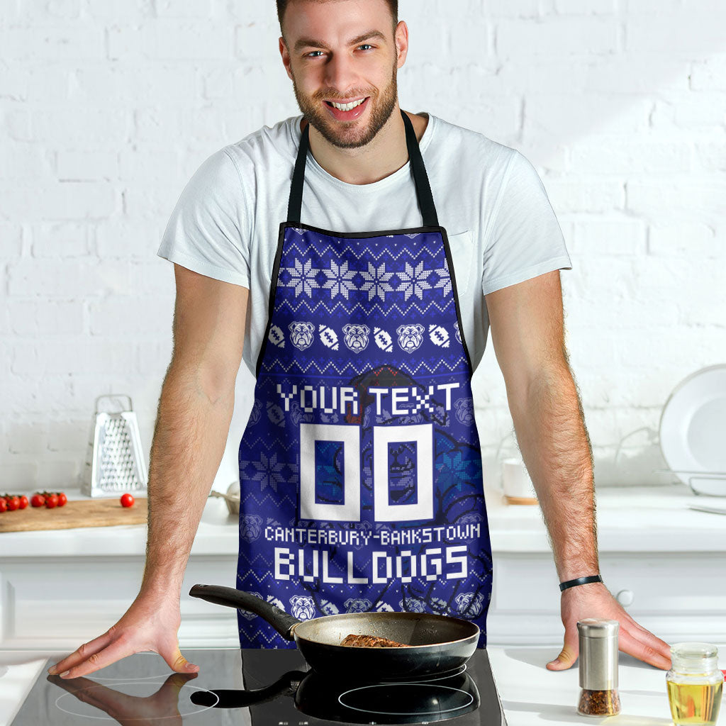 Personalized Canterbury Bulldogs Christmas Apron Australian Rugby Fans - Pixelated Ugly Xmas Pattern Mascot Santa