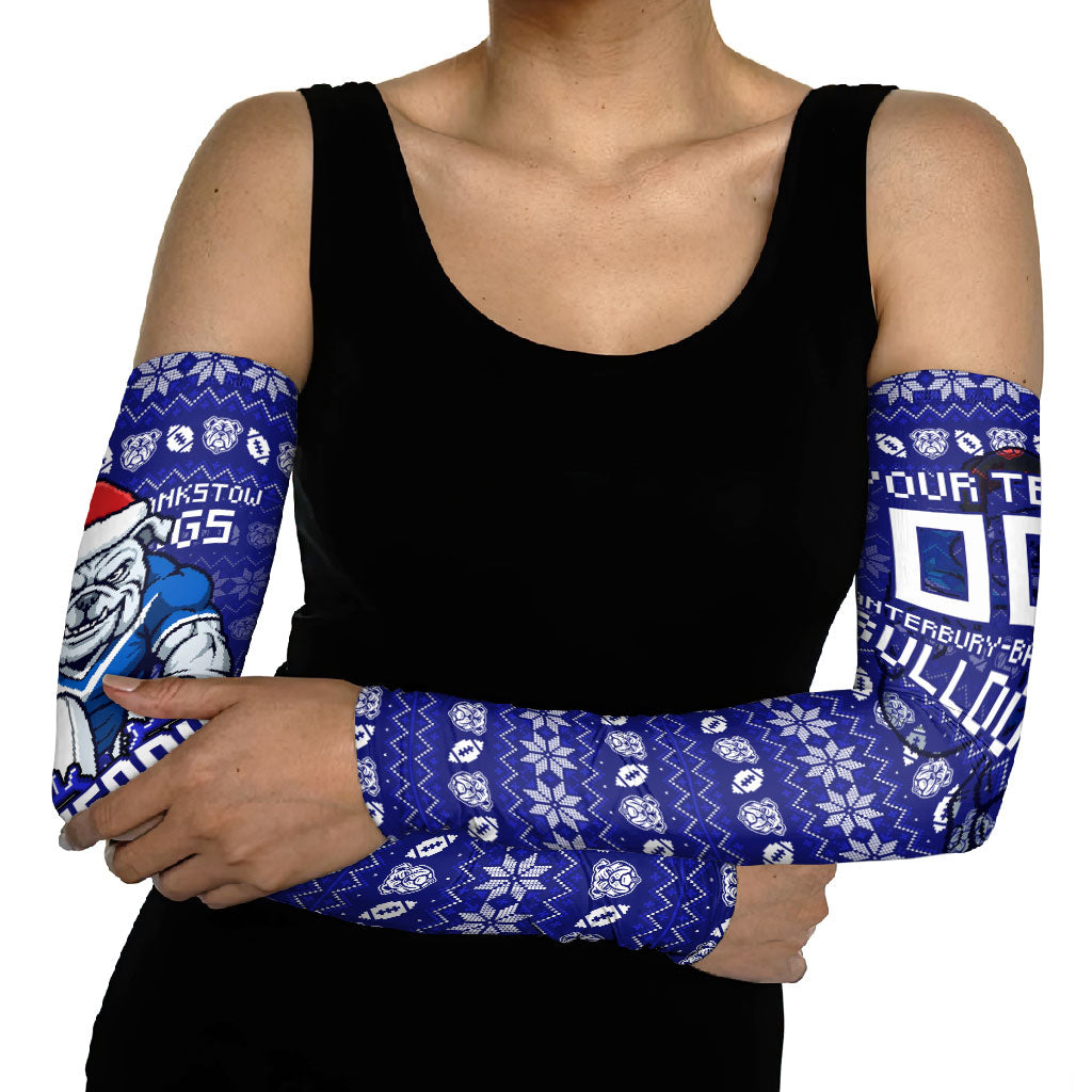 Personalized Canterbury Bulldogs Christmas Arm Sleeves Australian Rugby Fans - Pixelated Ugly Xmas Pattern Mascot Santa