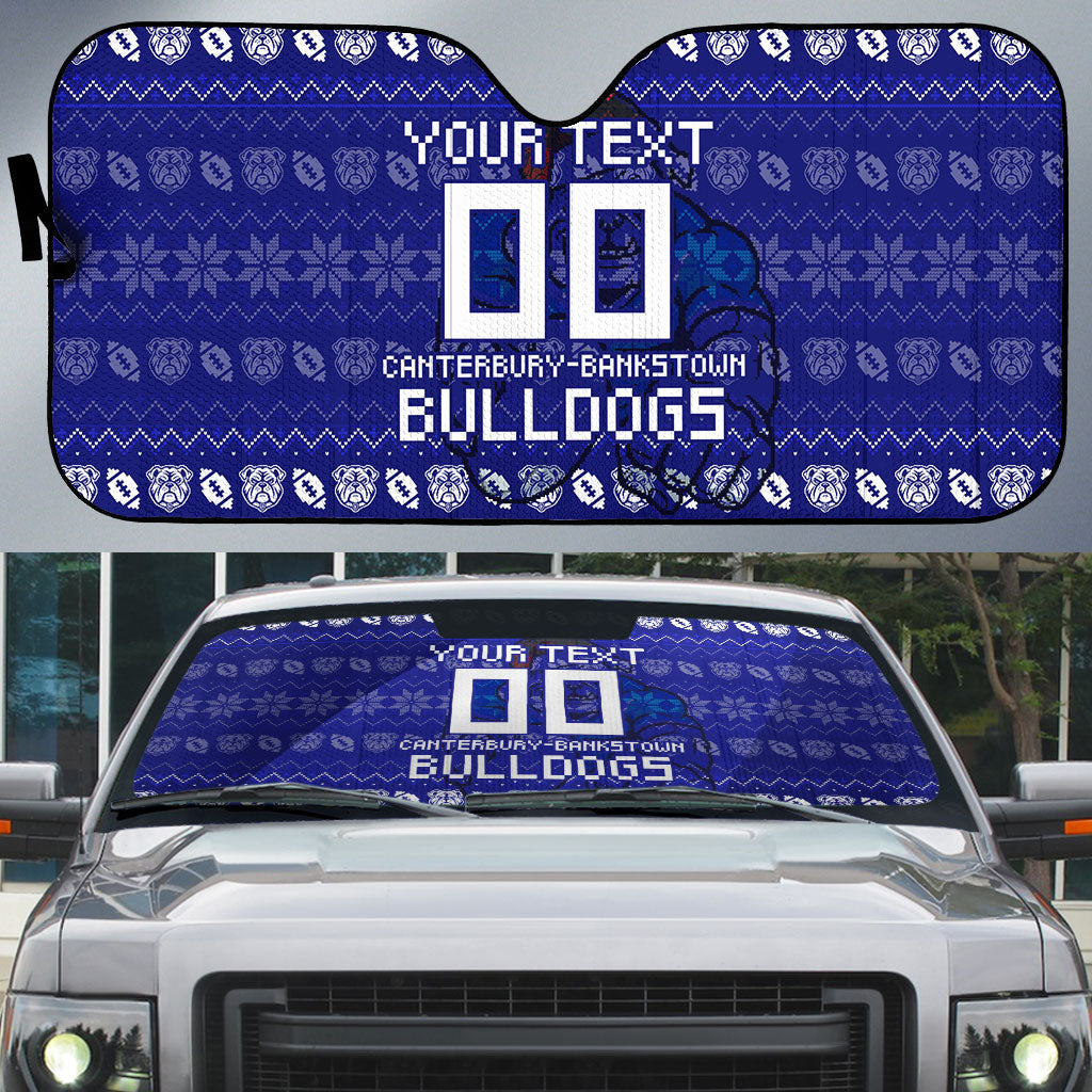 Personalized Canterbury Bulldogs Christmas Auto Sun Shade Australian Rugby Fans - Pixelated Ugly Xmas Pattern Mascot Santa