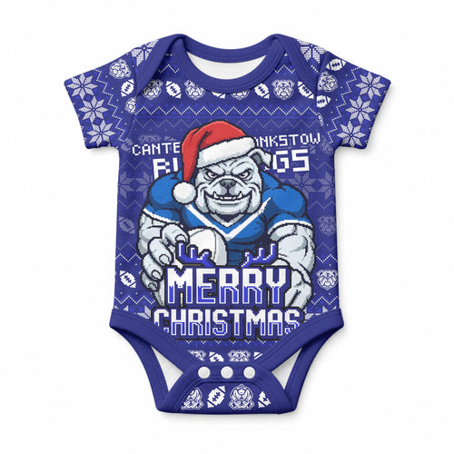 Personalized Canterbury Bulldogs Christmas Baby Onesie Australian Rugby Fans - Pixelated Ugly Xmas Pattern Mascot Santa
