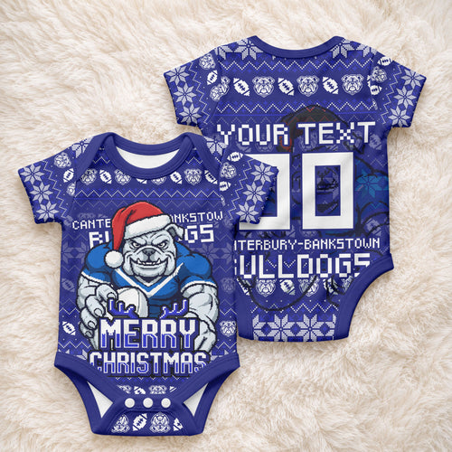 Personalized Canterbury Bulldogs Christmas Baby Onesie Australian Rugby Fans - Pixelated Ugly Xmas Pattern Mascot Santa