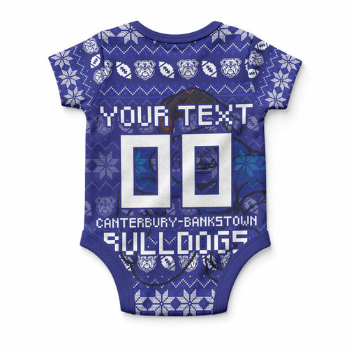 Personalized Canterbury Bulldogs Christmas Baby Onesie Australian Rugby Fans - Pixelated Ugly Xmas Pattern Mascot Santa