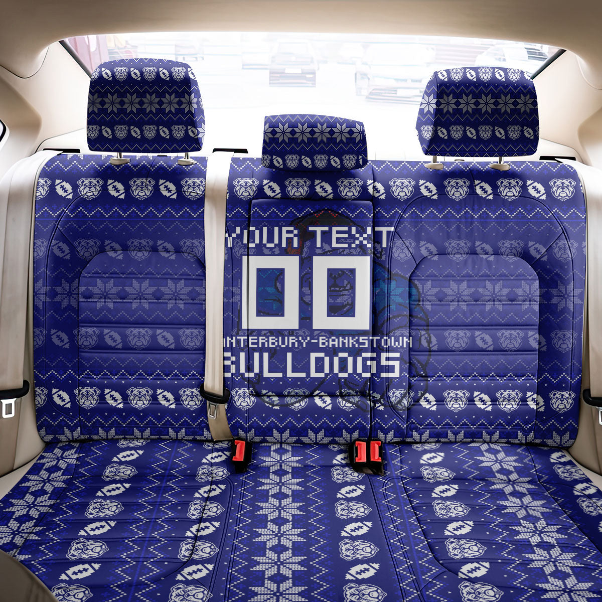 Personalized Canterbury Bulldogs Christmas Back Car Seat Cover Australian Rugby Fans - Pixelated Ugly Xmas Pattern Mascot Santa