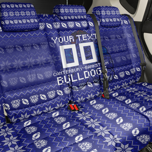 Personalized Canterbury Bulldogs Christmas Back Car Seat Cover Australian Rugby Fans - Pixelated Ugly Xmas Pattern Mascot Santa