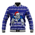 Personalized Canterbury Bulldogs Christmas Baseball Jacket Australian Rugby Fans - Pixelated Ugly Xmas Pattern Mascot Santa