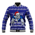 Personalized Canterbury Bulldogs Christmas Baseball Jacket Australian Rugby Fans - Pixelated Ugly Xmas Pattern Mascot Santa