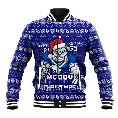 Personalized Canterbury Bulldogs Christmas Baseball Jacket Australian Rugby Fans - Pixelated Ugly Xmas Pattern Mascot Santa