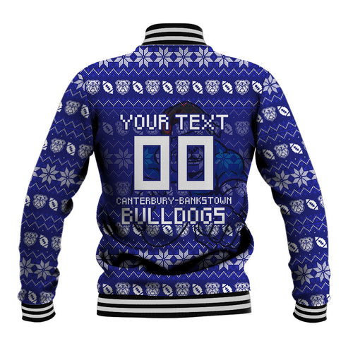 Personalized Canterbury Bulldogs Christmas Baseball Jacket Australian Rugby Fans - Pixelated Ugly Xmas Pattern Mascot Santa