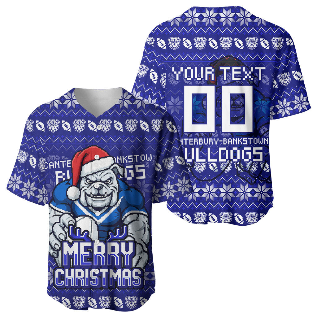 Personalized Canterbury Bulldogs Christmas Baseball Jersey Australian Rugby Fans - Pixelated Ugly Xmas Pattern Mascot Santa